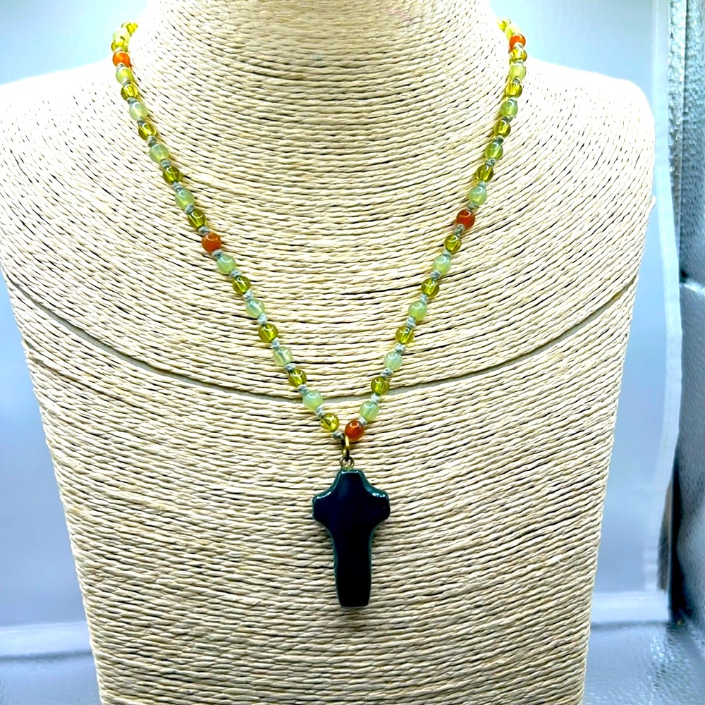 Express green cross beaded necklace boho spiritual vintage style earth tones